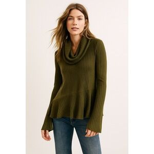 Anthropologie Maeve Cowl Neck Ribbed Top Green Peplum Asymmetrical Sz M Stretchy
